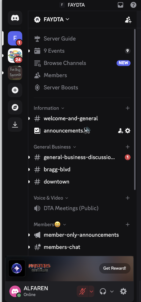 Screenshot of the FAYDTA Discord server showing server icons on the left, channels grouped by category in the middle, and the user's profile at the bottom